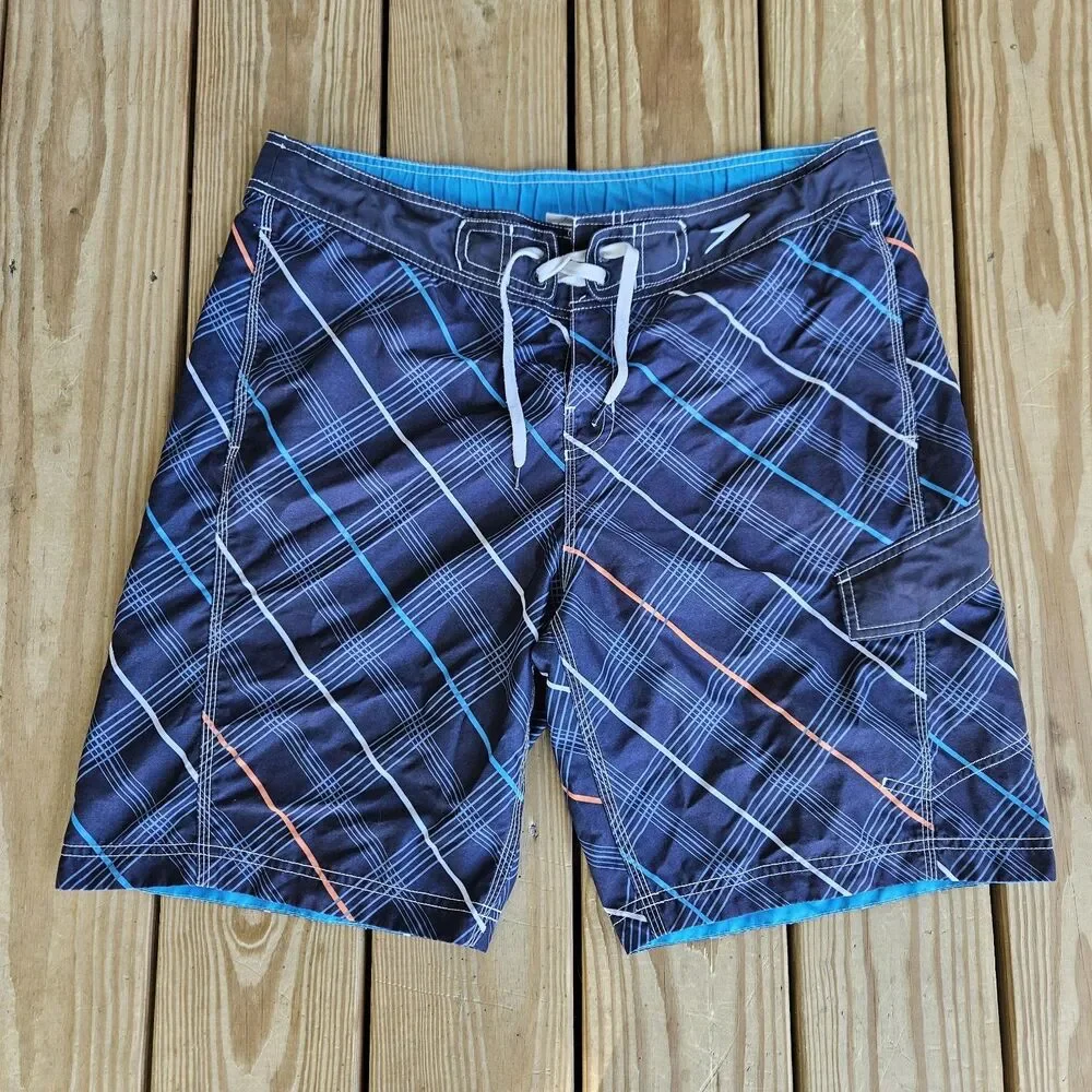 Speedo Mens's Medium Plaid Board Shorts Blue Orange Retro Surf Swim Trunks